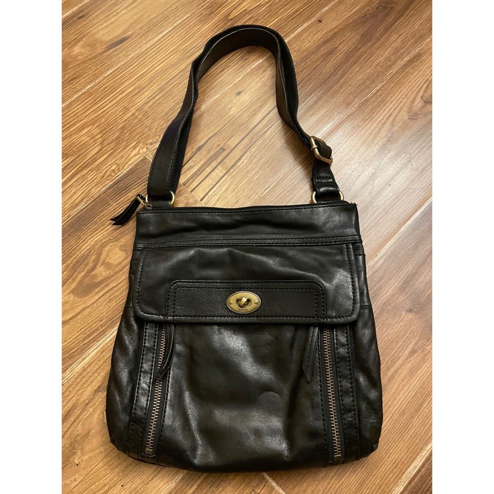 Fossil Black Leather Crossbody Bag Turnlock Messenger Purse Brass Hardware